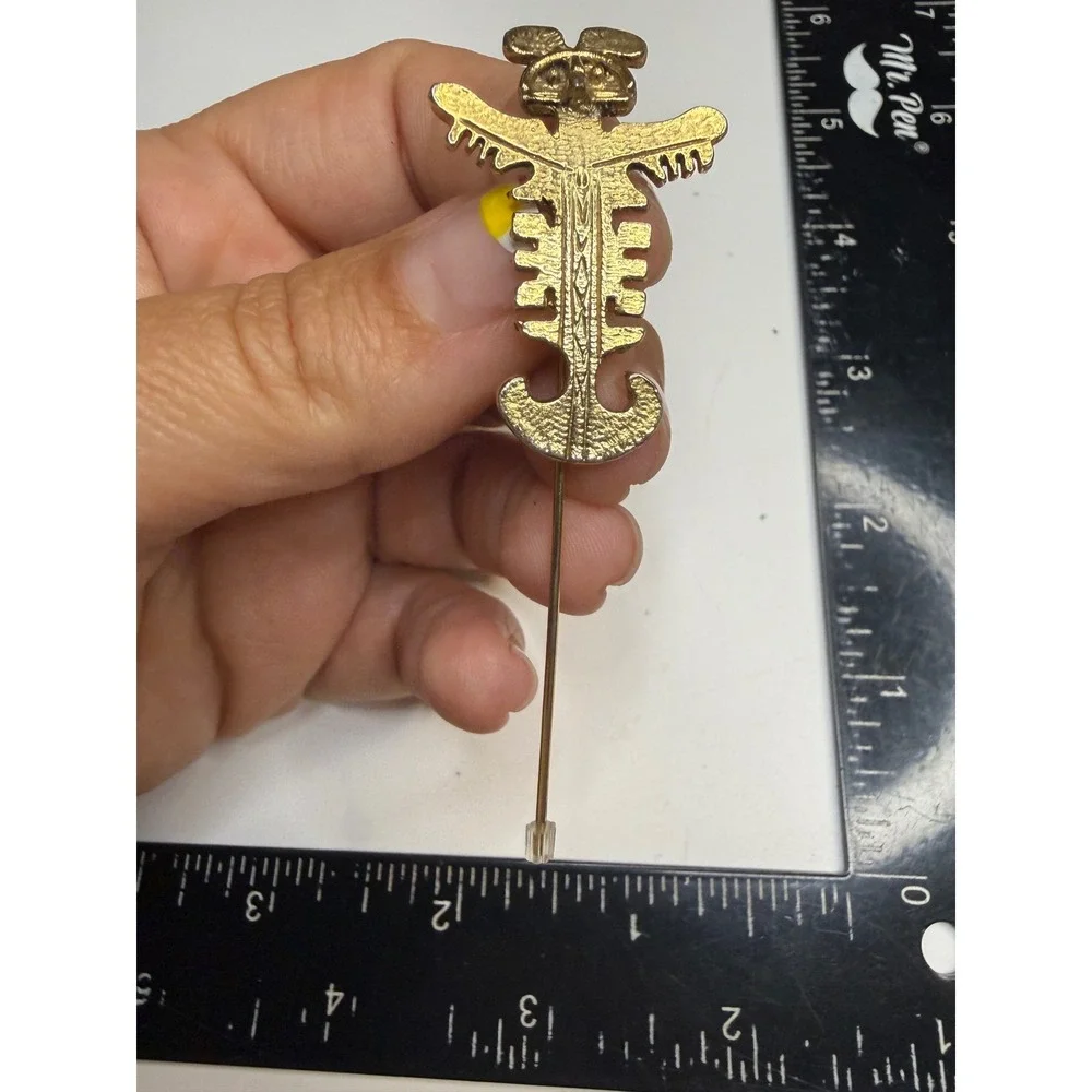 Gold Tone Pre-Columbian Style Anthropomorphic Figure Stick Pin Lapel Accessory